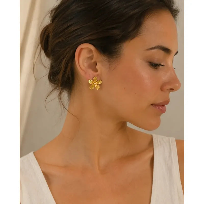 Aros Mujer Flor Acero Inoxidable 2.5cm Moda Elegante Dorado