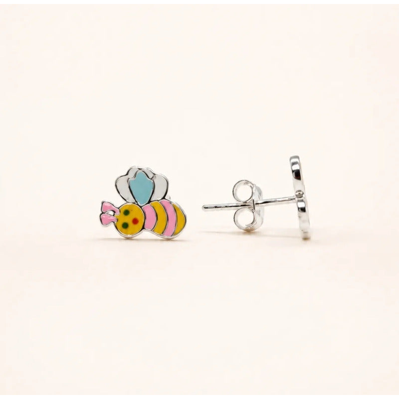 Aros Plata 925 Abejita Esmaltada Niña Mujer Con Caja Regalo Multicolor