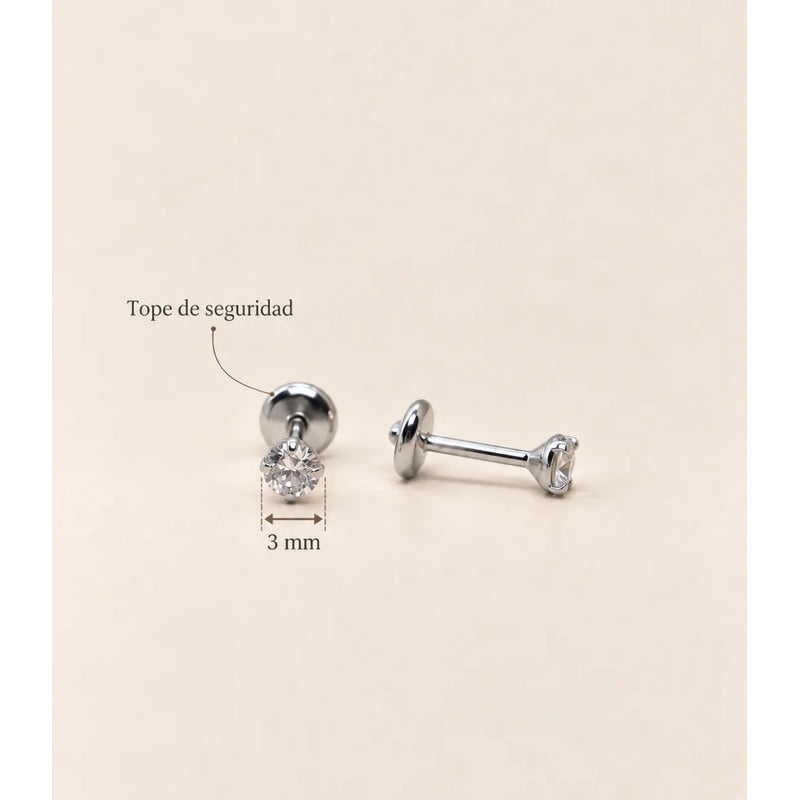 Aros Plata Punto De Luz Bebé Niña 3 Mm Tope Seguro Regalo Plateado