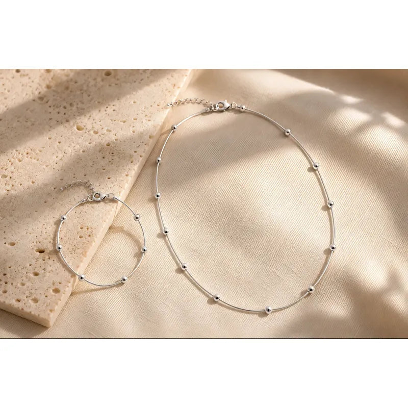 Set Collar Y Pulsera Acero Inoxidable Femenino Plateado Con Balines
