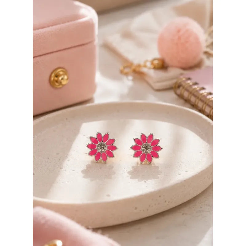 Aros Plata 925 Flor Rosa Niña 8mm Esmaltados Regalo Infantil Rosa Chicle