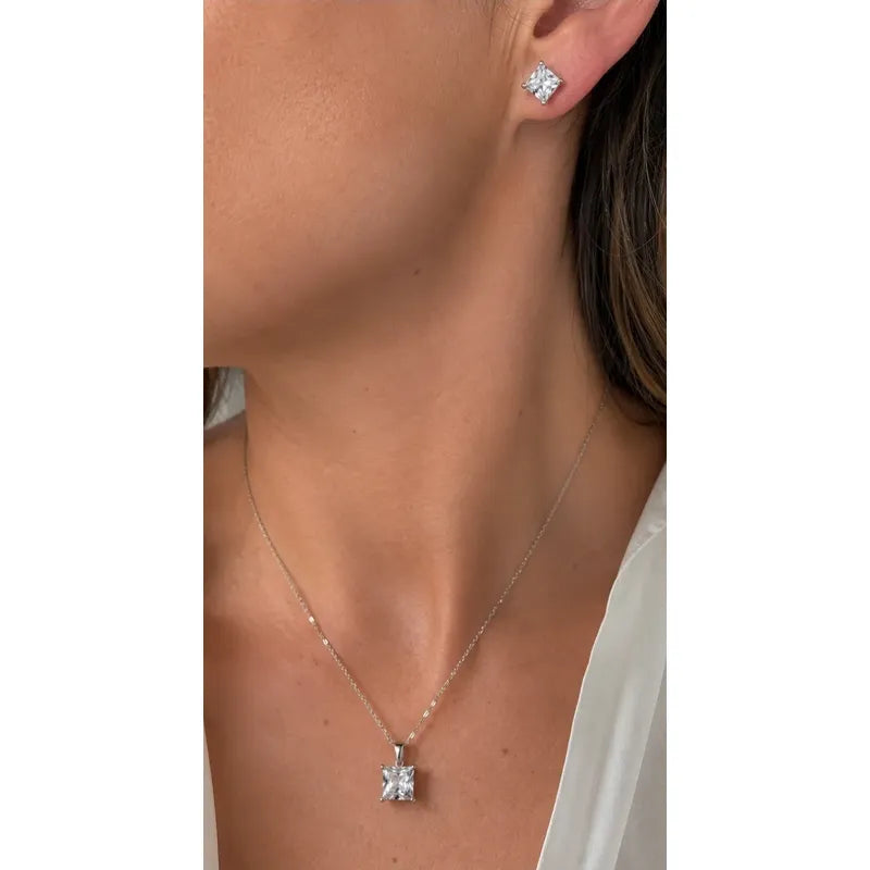Collar Aros Mujer Set Punto De Luz En Acero Quirúrgico Pack Plateado