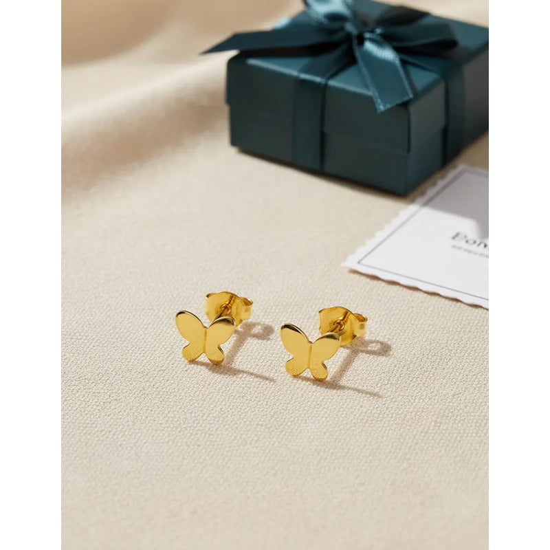 Aros Mariposa 8mm Enchapado Oro 18k Joyería Femenina Infanti Dorado Con Caja De Regalo