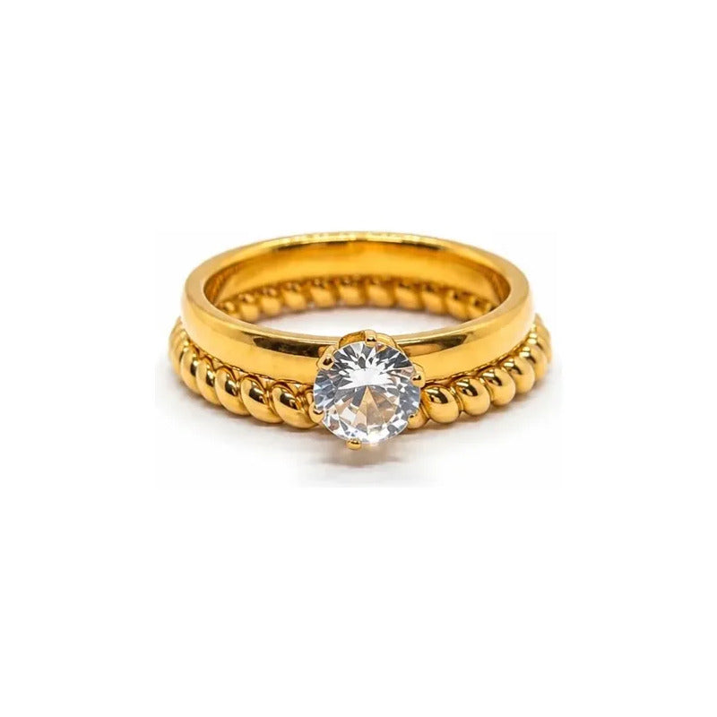 Anillos Mujer Set Solitario Y Trenzado En Acero Inoxidable Dorado 19