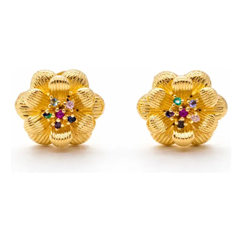 Aros Florales Enchapados En Oro 18k De Mujer Mas Caja Regalo Dorado