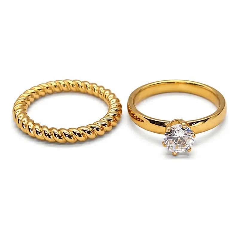 Anillos Mujer Set Solitario Y Trenzado En Acero Inoxidable Dorado 18