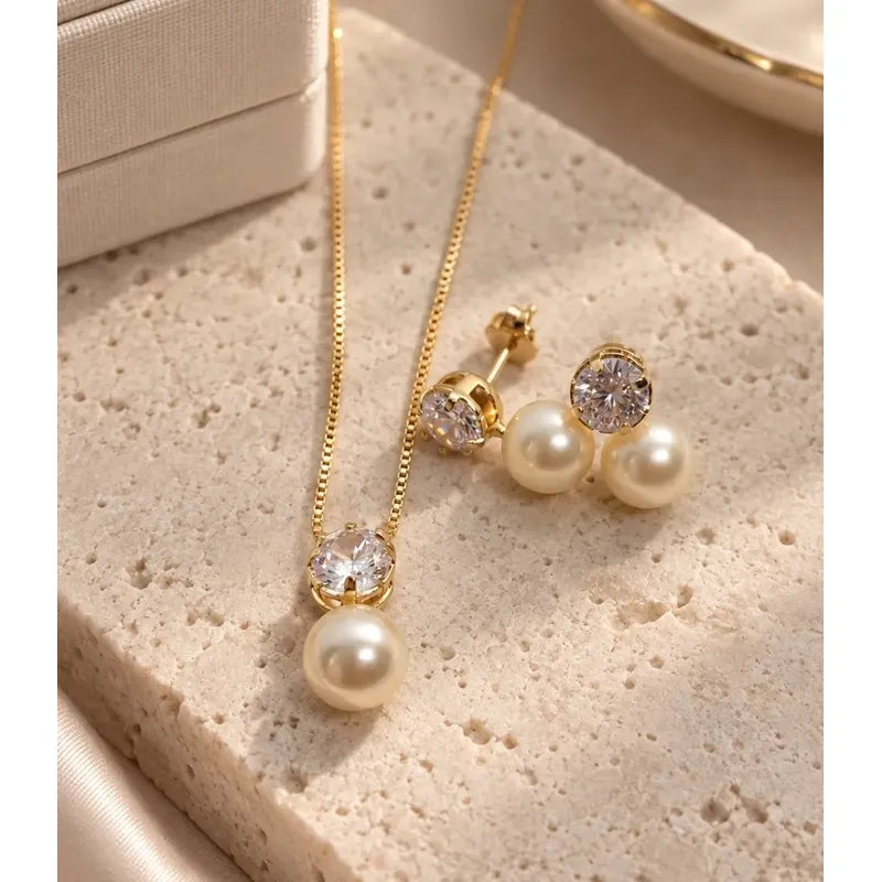 Set Collar Aros Mujer Perla 8mm Enchapado Oro 18k Regalo Dorado