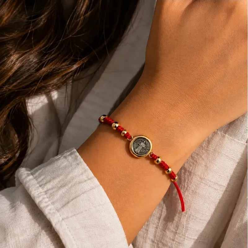 Pulsera San Benito Ajustable Amuleto Unisex Protección Rojo 18 Cm