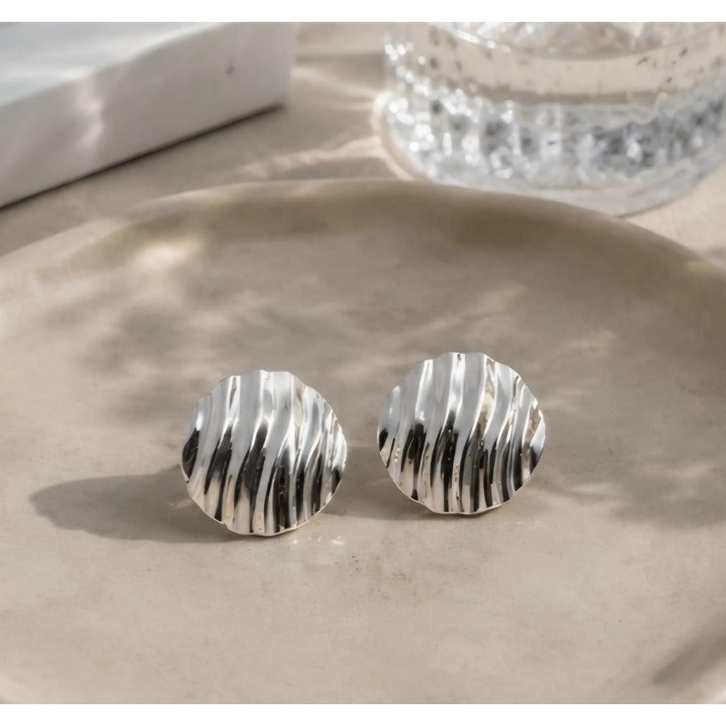 Aros Mujer Sin Perforación Redondos  Textura Enchapado Plata Plateado