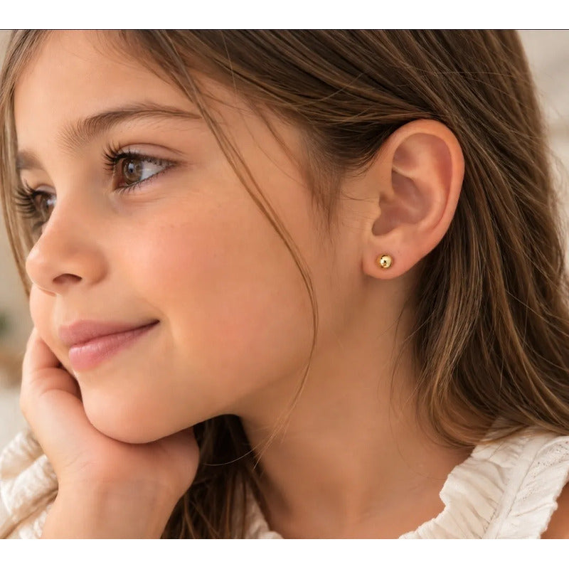 Aros Niña Bebé Bolita Lisa 4mm Enchapado En Oro Tope Seguro Dorado