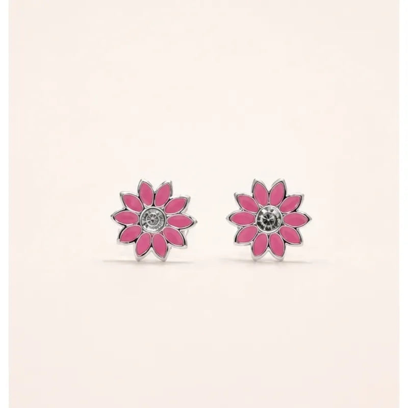 Aros Plata 925 Flor Rosa Niña 8mm Esmaltados Regalo Infantil Rosa Chicle