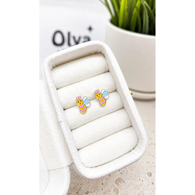 Aros Plata 925 Abejita Esmaltada Niña Mujer Con Caja Regalo Multicolor