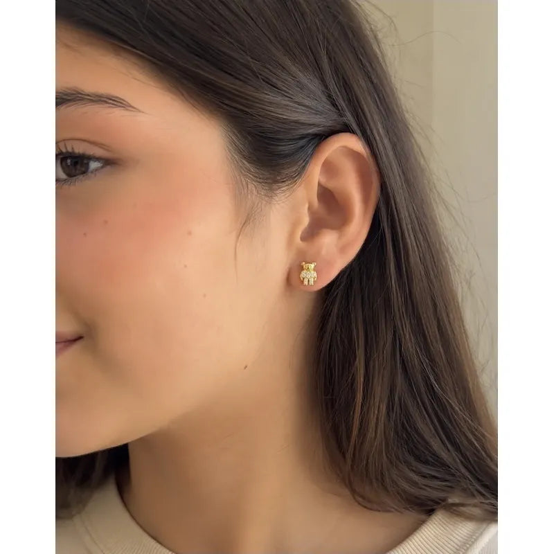 Aros Infantiles Oro 18k Enchapado Osito Brillante Niña Mujer Dorado