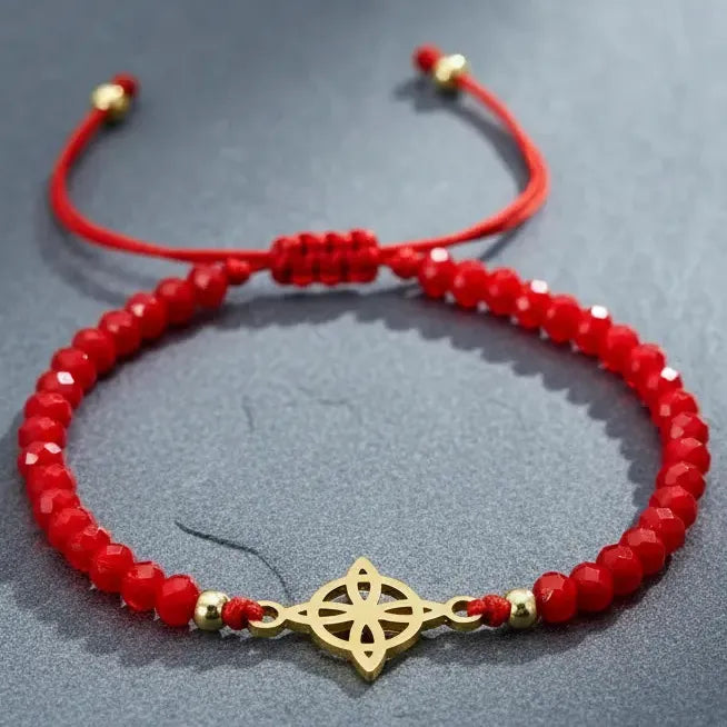 Pulsera Nudo De Bruja Cristales Rojos Protección Y Suerte Dorado 20 Cm