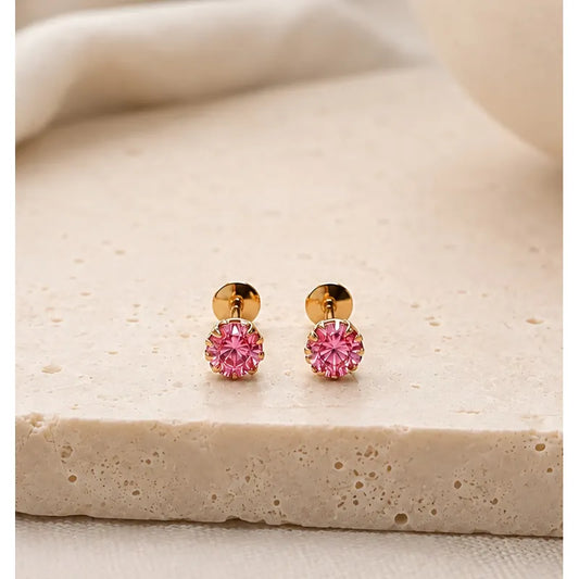 Aros Punto De Luz Oro 18k Enchapado Mujer Niña Tope Seguro Dorado Con Rosa