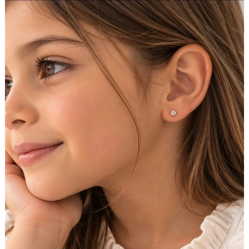 Aros Niña Bebe Punto De Luz Oro Enchapado 3mm Tope Seguridad Dorado
