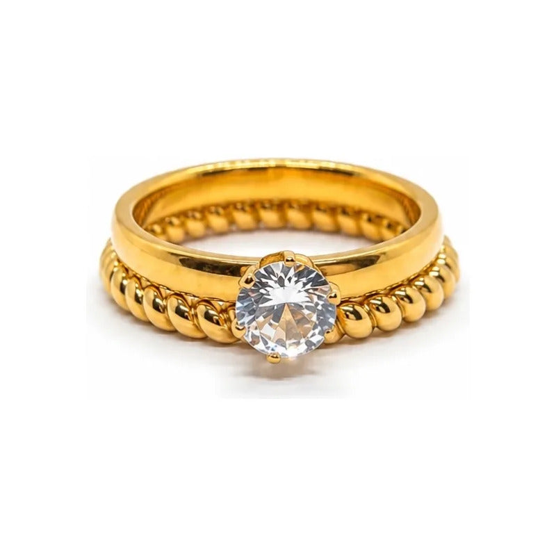 Anillos Mujer Set Solitario Y Trenzado En Acero Inoxidable Dorado 17