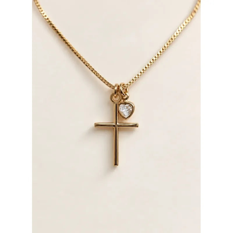 Collar Cruz Mujer Enchapado Oro Dije Corazón Circonita 45cm Dorado