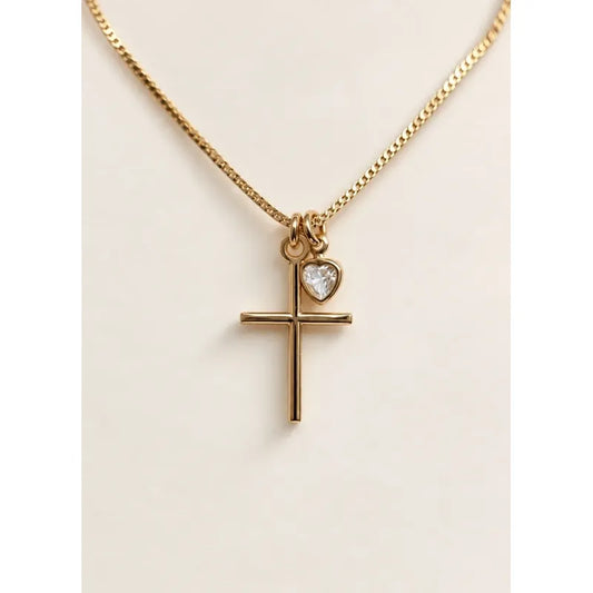 Collar Cruz Mujer Enchapado Oro Dije Corazón Circonita 45cm Dorado