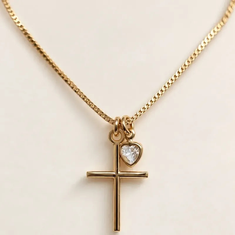 Collar Cruz Mujer Enchapado Oro Dije Corazón Circonita 45cm Dorado