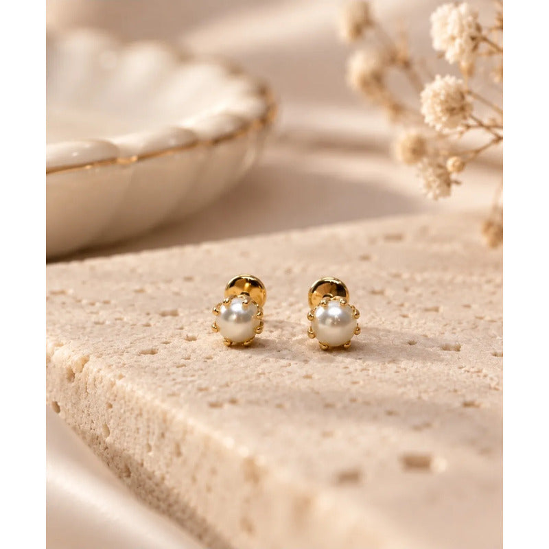 Aros Bebé Niña Perla 4mm Enchapados Oro 18k Tope Seguridad Dorado