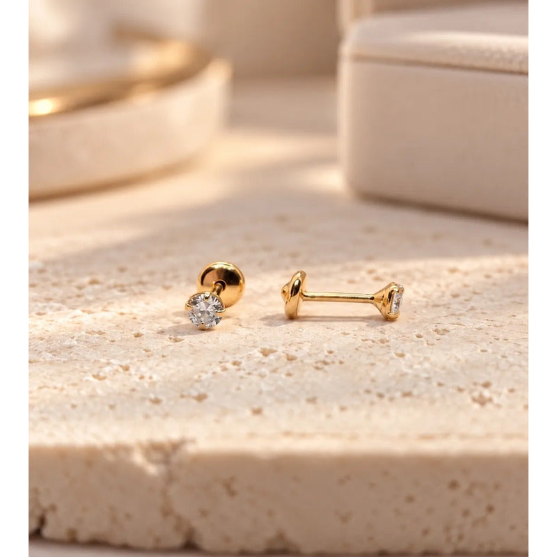 Aros Niña Bebe Punto De Luz Oro Enchapado 3mm Tope Seguridad Dorado