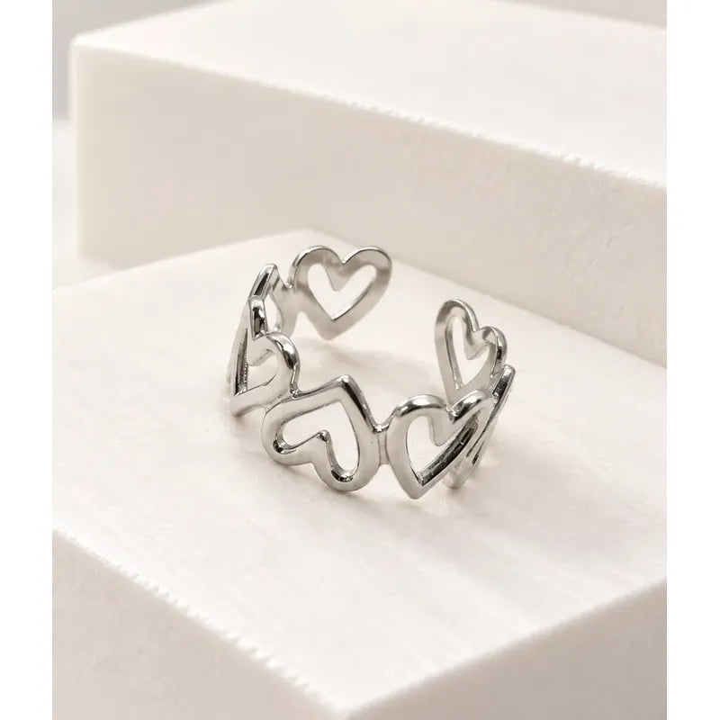 Anillo Mujer Ajustable Acero Inoxidable Tira De Corazones Plateado Ajustable