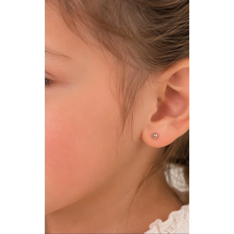Aros Plata 925 Bebé Niña 3mm Clásicos Bolitas Tope Seguridad Plateado