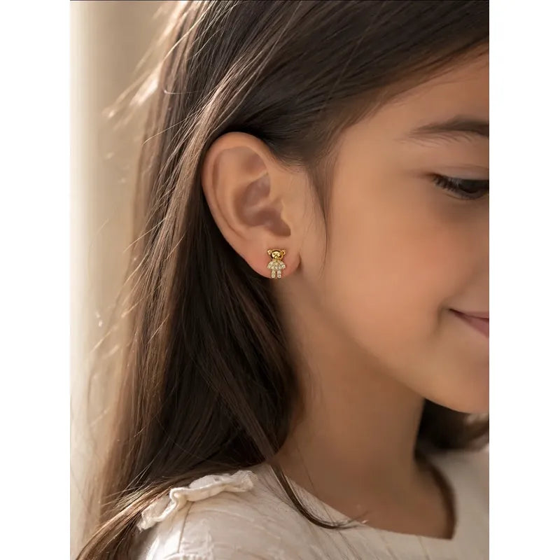 Aros Infantiles Oro 18k Enchapado Osito Brillante Niña Mujer Dorado