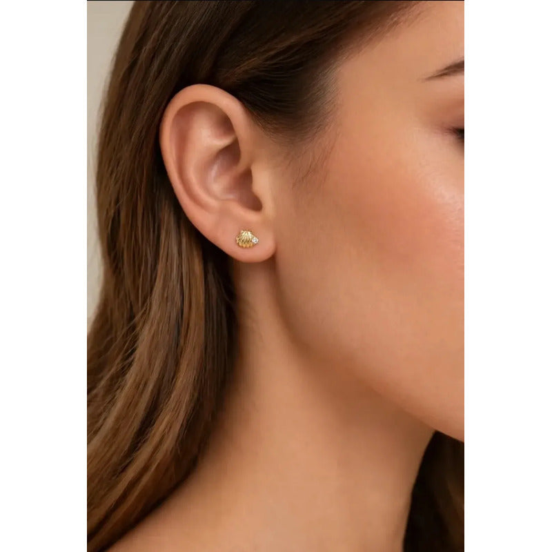 Aros Oro 18k Enchapado Niña Concha Marina 5mm Infantil Mujer Dorado