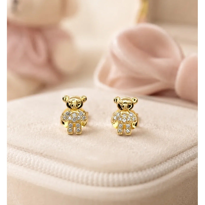 Aros Infantiles Oro 18k Enchapado Osito Brillante Niña Mujer Dorado