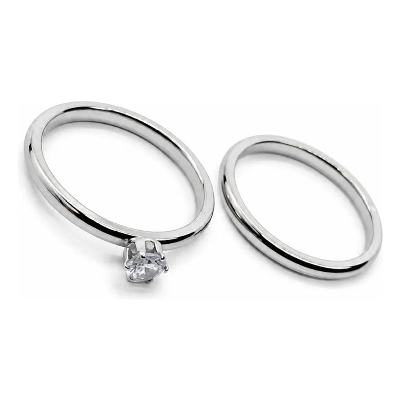 Set 2 Anillos Mujer Acero Inoxidable Zirconia Elegante Plateado 17