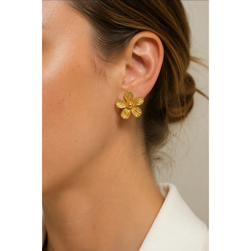 Aros Mujer Flor Acero Inoxidable 2.5cm Moda Elegante Dorado
