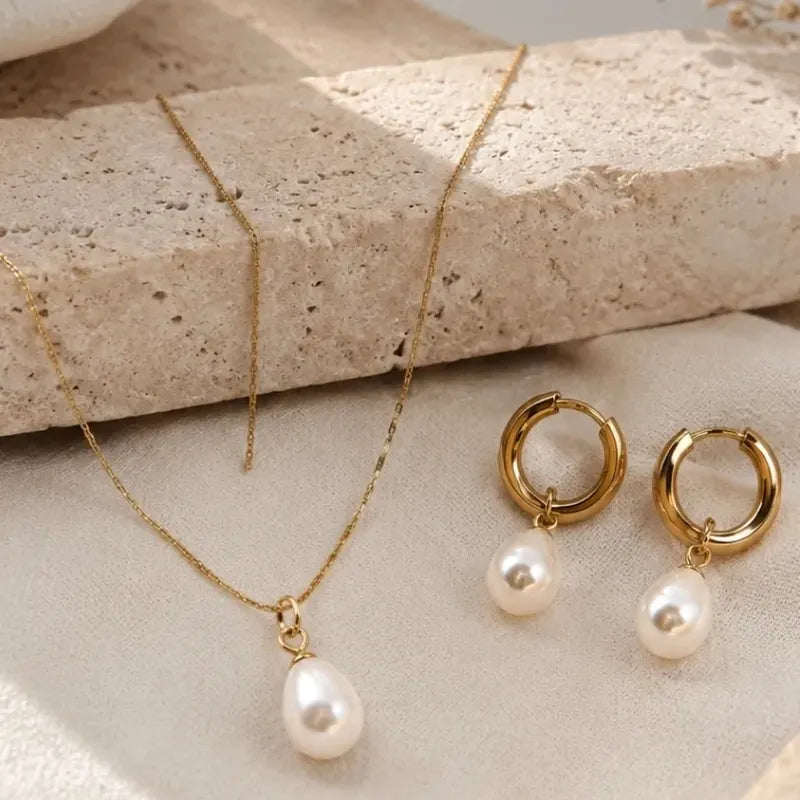 Collar Aros Perla Mujer En Acero Y Enchape Set Con Caja Dorado