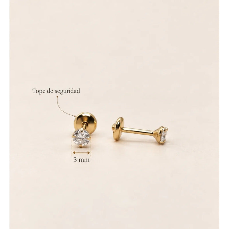 Aros Niña Bebe Punto De Luz Oro Enchapado 3mm Tope Seguridad Dorado