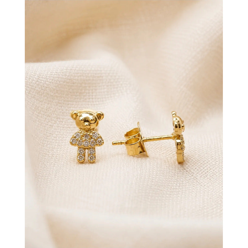 Aros Infantiles Oro 18k Enchapado Osito Brillante Niña Mujer Dorado