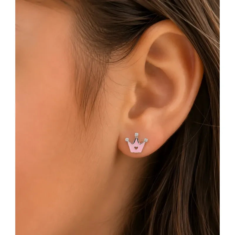 Aros Plata 925 Niña Corona Rosa Brillo Caja Regalo Infantil Rosa