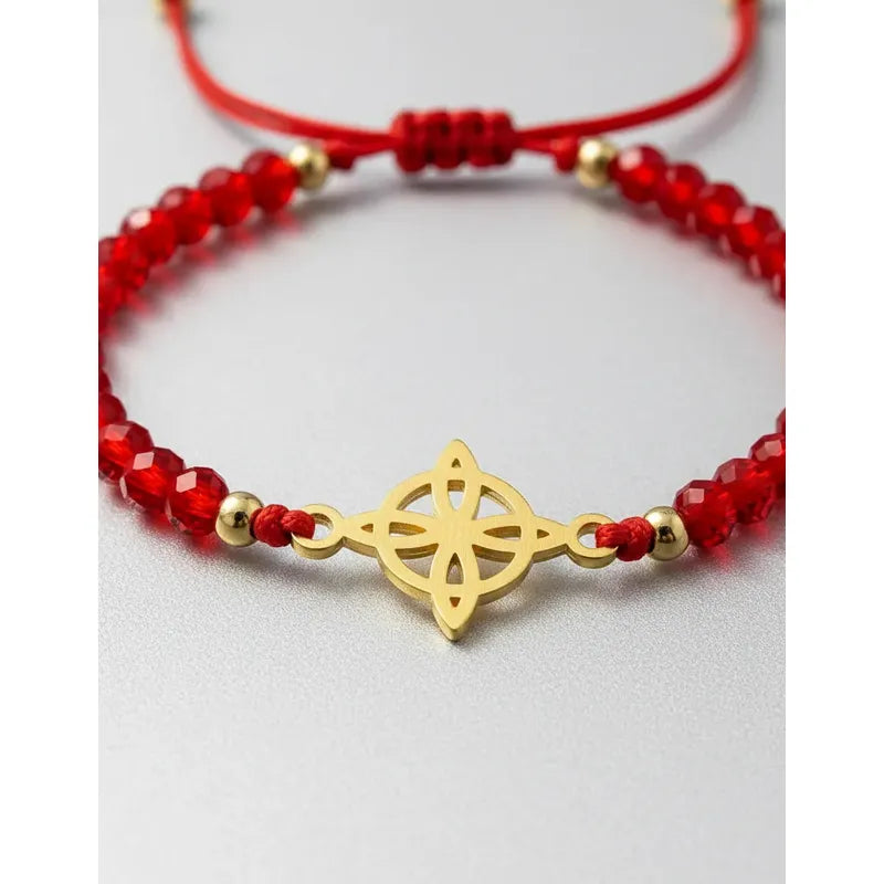 Pulsera Nudo De Bruja Cristales Rojos Protección Y Suerte Dorado 20 Cm