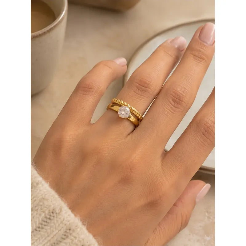 Anillos Mujer Set Solitario Y Trenzado En Acero Inoxidable Dorado 18