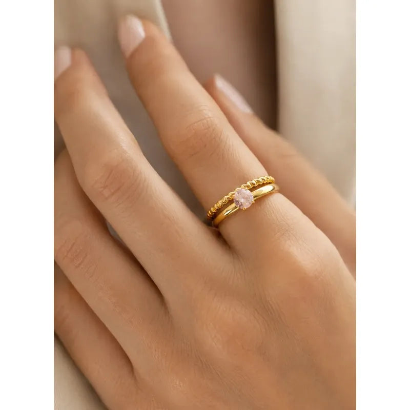 Anillos Mujer Set Solitario Y Trenzado En Acero Inoxidable Dorado 17
