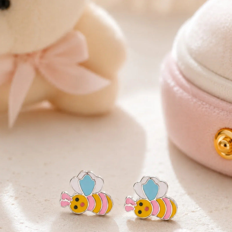 Aros Plata 925 Abejita Esmaltada Niña Mujer Con Caja Regalo Multicolor