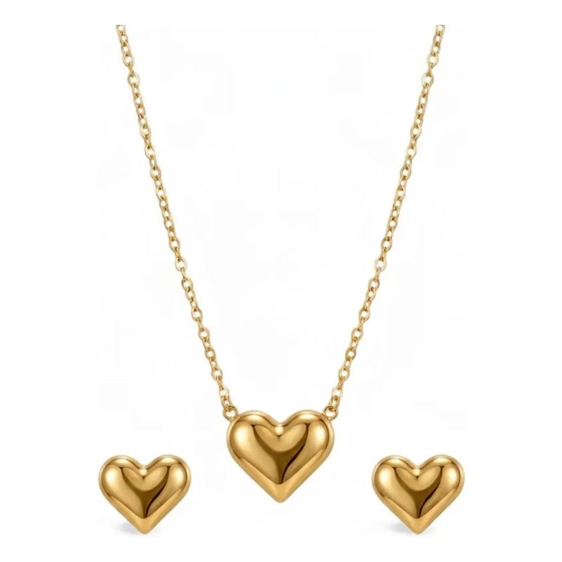 Conjunto Corazón Acero Dorado Collar Y Aros Regalo Mujer Set Dorado