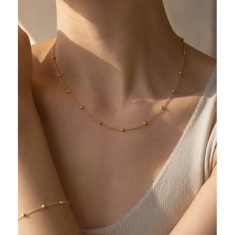 Set Collar Y Pulsera Acero Inoxidable Femenino Dorado Con Balines