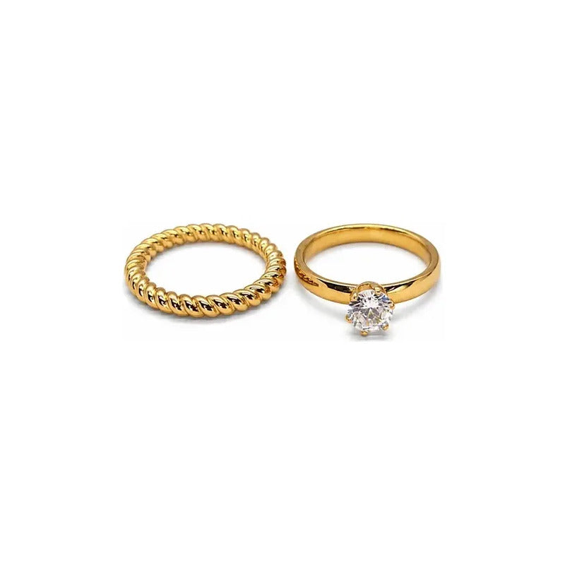 Anillos Mujer Set Solitario Y Trenzado En Acero Inoxidable Dorado 19