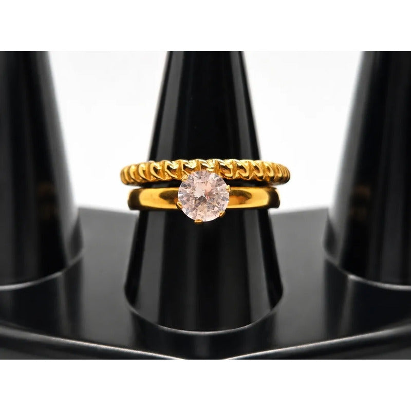 Anillos Mujer Set Solitario Y Trenzado En Acero Inoxidable Dorado 20
