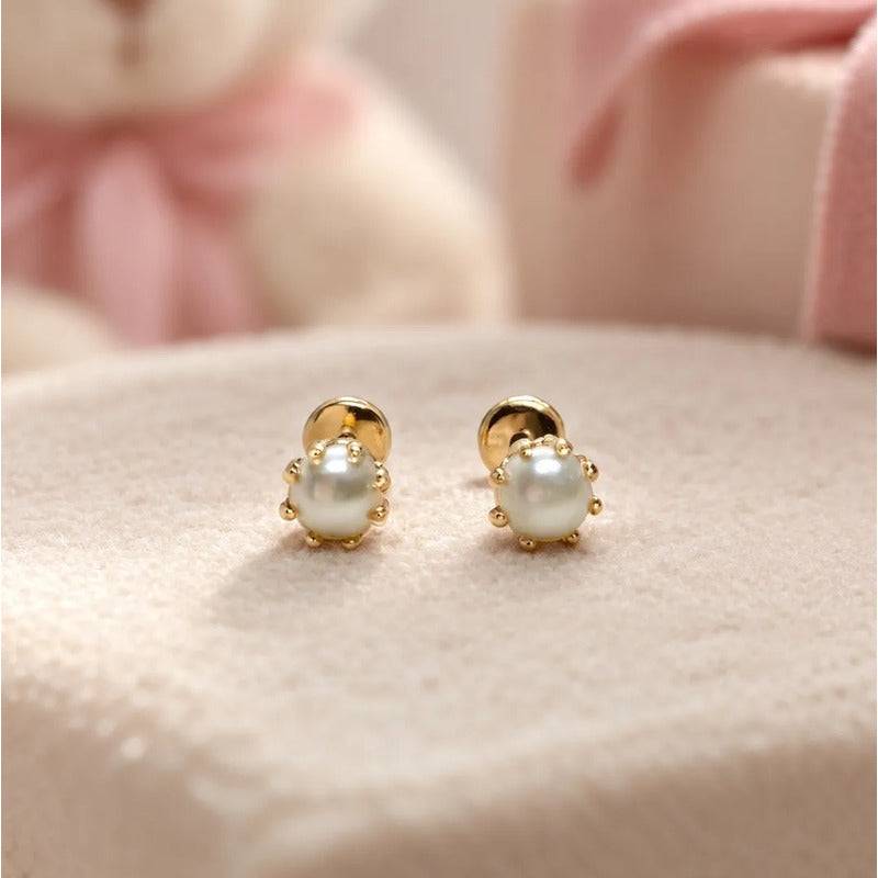 Aros Bebé Niña Perla 4mm Enchapados Oro 18k Tope Seguridad Dorado