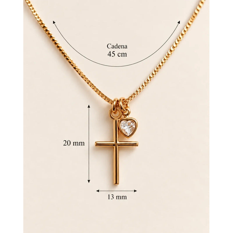 Collar Cruz Mujer Enchapado Oro Dije Corazón Circonita 45cm Dorado