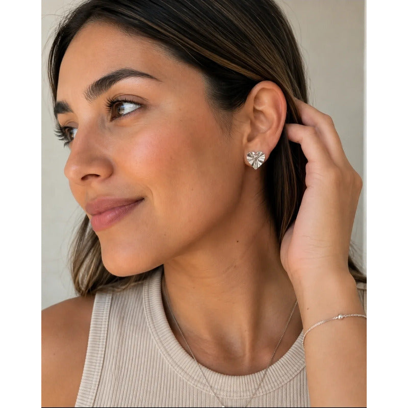 Aros Mujer Corazón Sin Perforación Enchapado Plata Presión Plateado