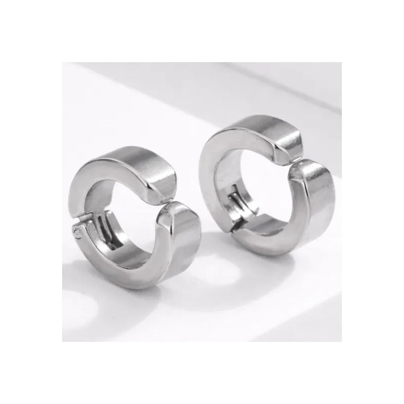 Aros Hombre Clip Acero Inoxidable Falsos Presión Par Plateado