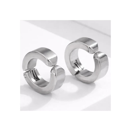 Aros Hombre Clip Acero Inoxidable Falsos Presión Par Plateado